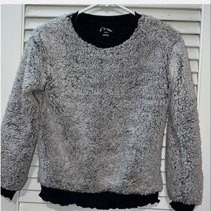 Art class girl’s Sweater Size L Gray fuzzy with black ruffles on cuffs